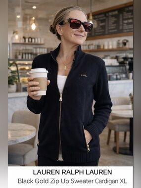 LAUREN RALPH LAUREN BLACK ZIP UP CARDIGAN SWEATER GOLD ZIP XL WOMENS